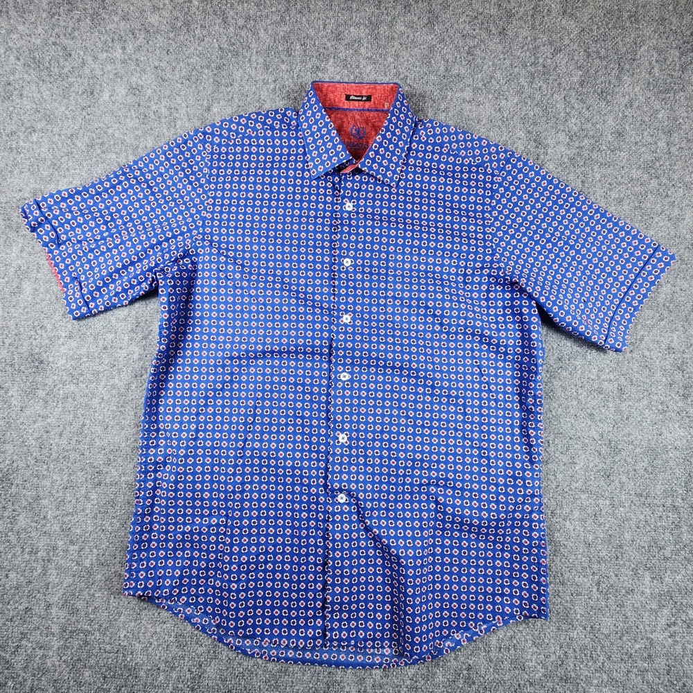 Bugatchi Uomo Mens Blue Red White Floral Geometric Short Sleeve Shirt ClassicFit